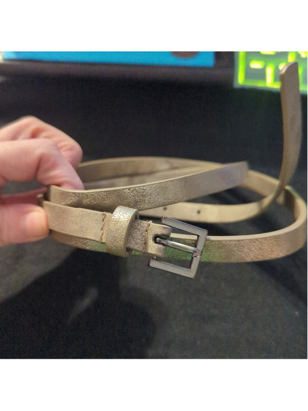 Silver Pewter Tone Faux Leather Skinny Belt Size 16